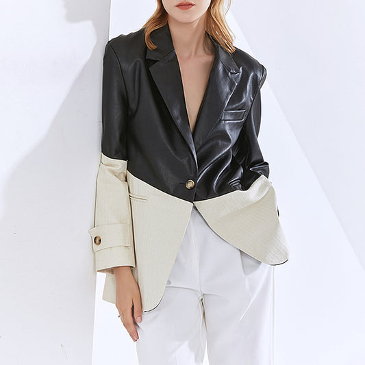 Spring New Fashion Temperament Casual Suit Collar Color Contrast Loose Splicing Pu Leather Suit Jacket