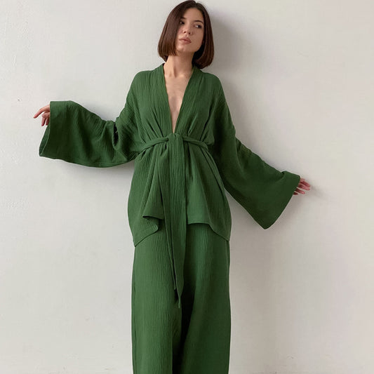 Spring Loose Double-Layer Gauze Shirt And Trousers Two-Piece Women's Cotton Casual Fashion Suit Women