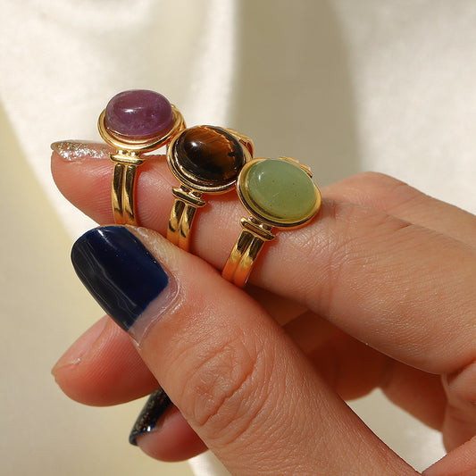 5pcs Same Ring 18K Gold Oval Tiger Eye/Green/Purple Semi-Precious Stone Opening Ring Female