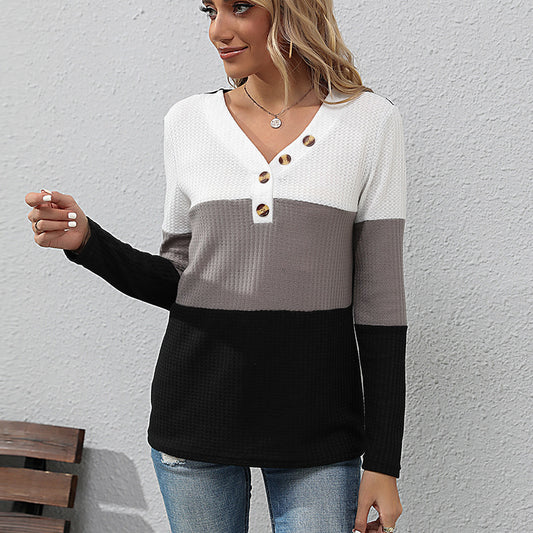 New Autumn  Women's Matching Color Pullover Bottom V-Neck Waffle Jersey