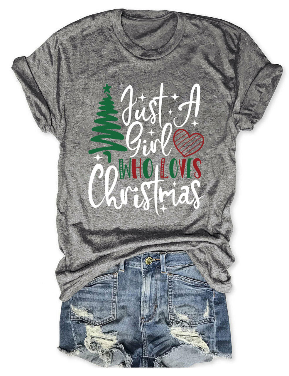 New Just A Girl Fun Christmas Tree Print Round Neck Short Sleeve Female Spot