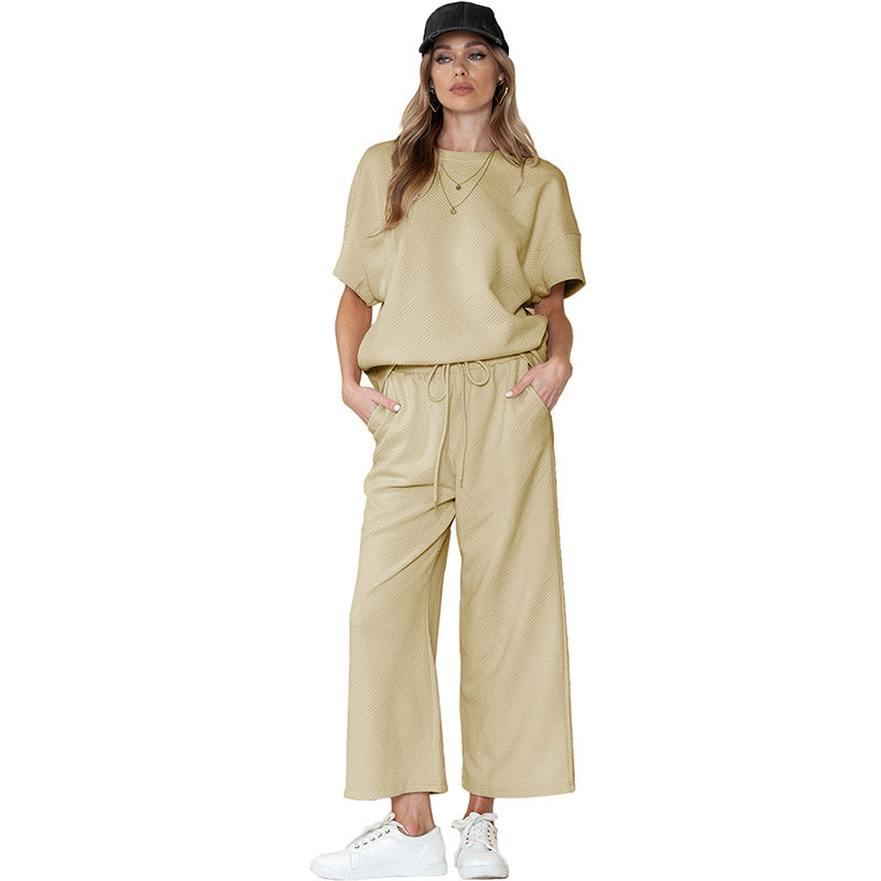 Summer New Solid Color Texture Leisure Suit Female Thin Loose Meat Drawing Rope Sportswear Female