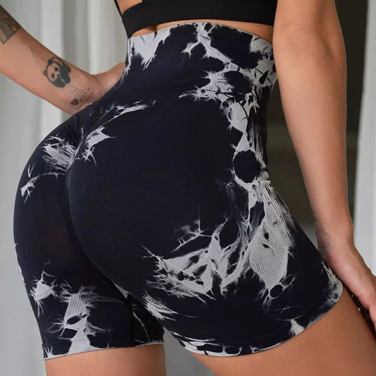 Summer Tie-Dye Three-Point Fitness Pants Women's High Waist And Hip Lift Tight Sports Running Peach Belly Yoga Shorts