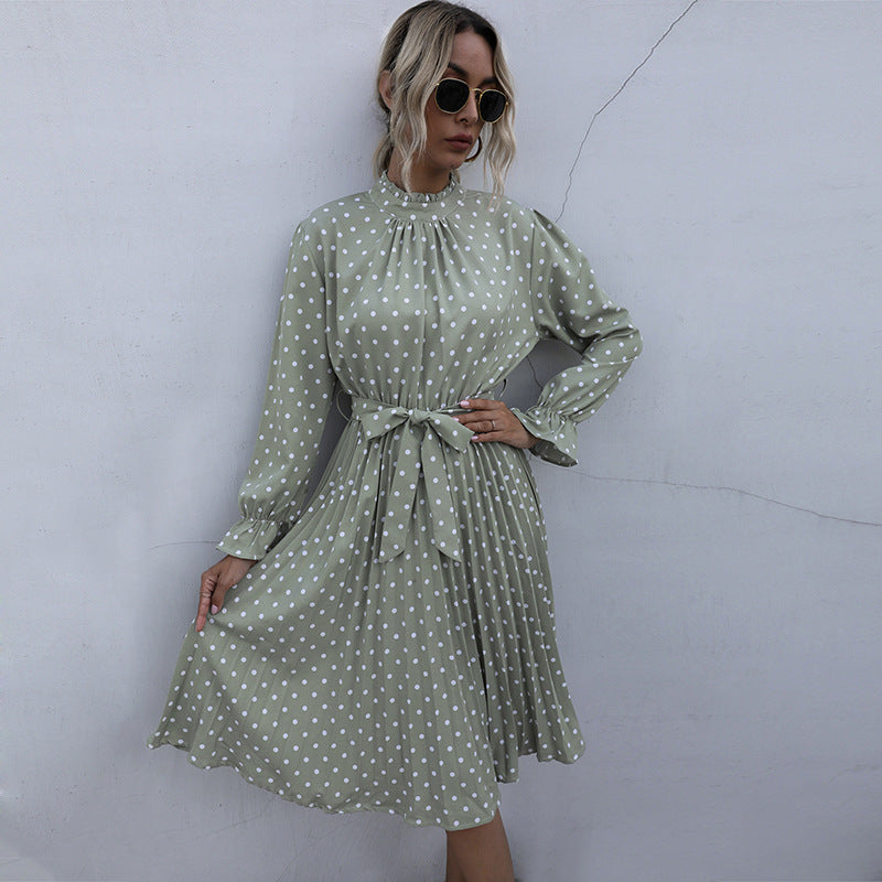 Hot Retro Women's Pleated High-Neck Polka-Dot Long-Sleeved Slim-Fit Dress