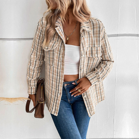 Chic & Cozy: Autumn/Winter Small Fragrance Design Retro Plaid Cardigan Shacket