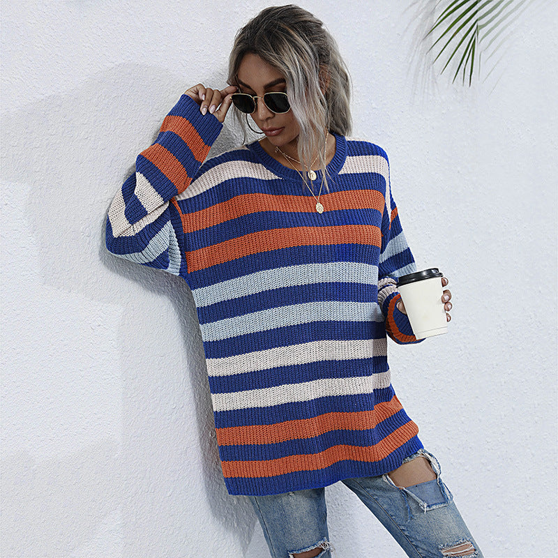 Long Striped Round Neck Knitted Sweater for Women