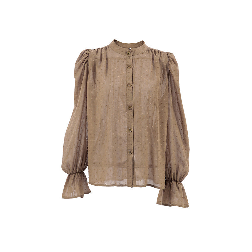 Autumn Temperament Fashion Jacquard Chiffon Shirt Female Niche Loose Ruffled Puffy Sleeve Shirt Top