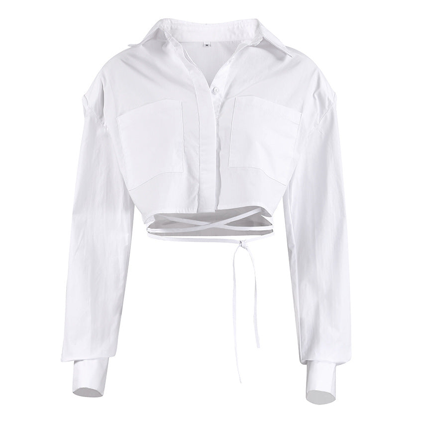 Fashion Women's Short Shirt Retro Padded Shoulder Top Long Sleeve New Spring White Shirt