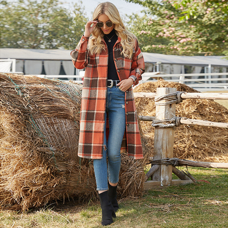 Autumn/Winter European-Style Commuter Trench Coat With Side Slit Lapel Loose Type Women's Woolen Plaid Shirt Coat