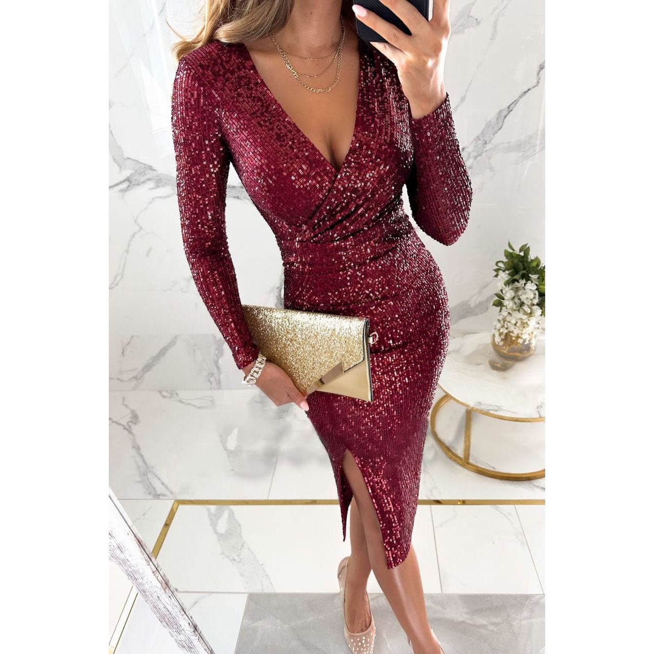 Fall/Winter New Sequin Slit Long-Sleeved Dress Casual Loose Party Dress