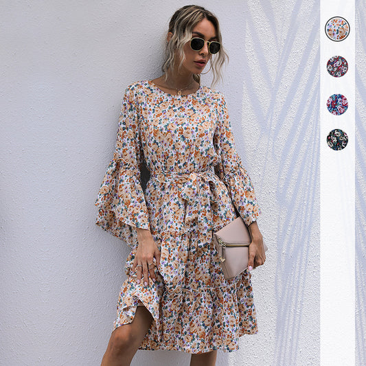 Hot Sales Crew-Neck Printed Lace-Up Long-Sleeved Floral Dress Autumn And Winter