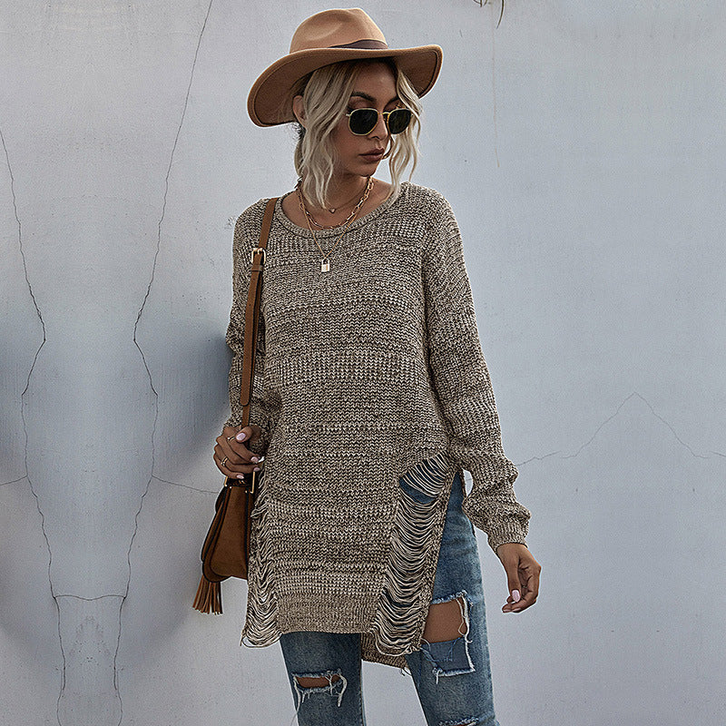 Solid Color Long Sleeve Round Neck Hole Knitting Mori Sweater Female Autumn