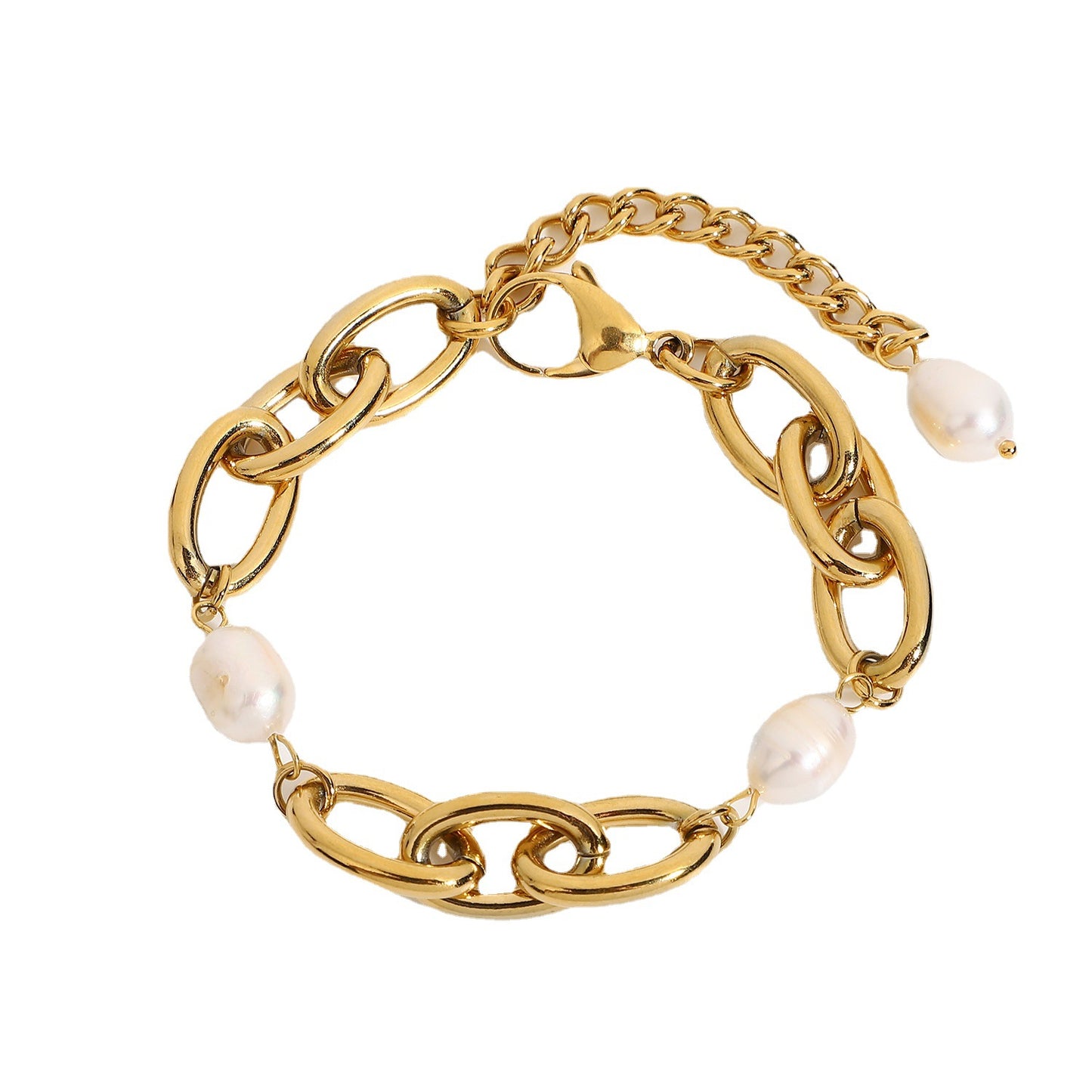 5pcs 18K Gold Plated Stainless Steel Pearl Bracelet 12Mm Oval Chain Chunky Bracelet Jewelry Women