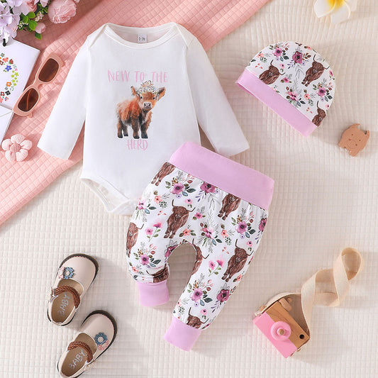 Autumn New Product Mori Simple And Lovely Niuniu Printed Clothes + Floral Trousers + Floral Round Hat Three-Piece Set