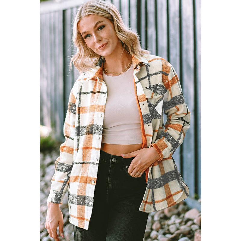 Winter New Plaid Print Long-Sleeved Coat Women Fashion Color Contrast Warm Coat Women