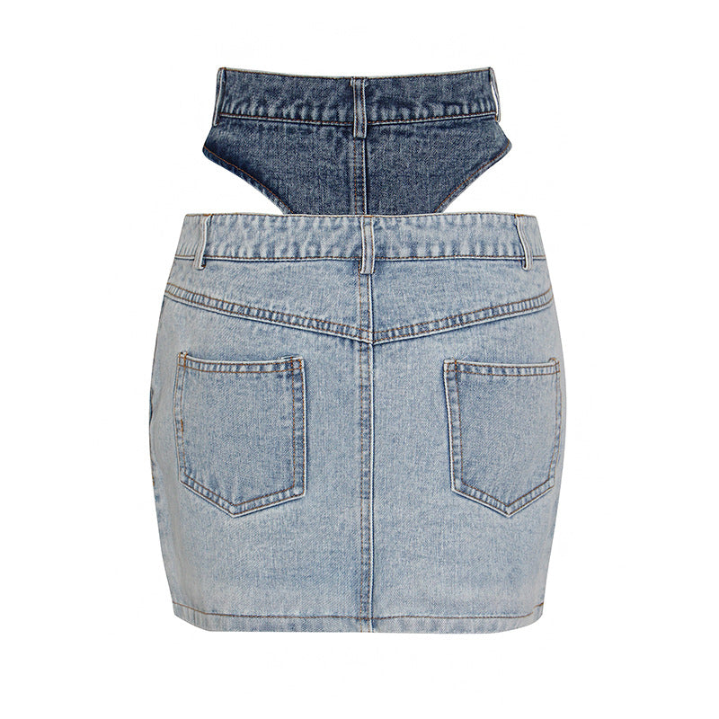 Spring New Denim Skirt Female Fashion Temperament Street Style Splicing Against Color Waist Sexy Package Hip Skirt