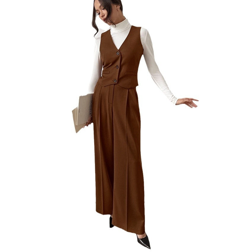 Autumn Fashion Casual Suit With Solid Color Sleeveless V-Neck Vest Straight Trousers Two-Piece Women