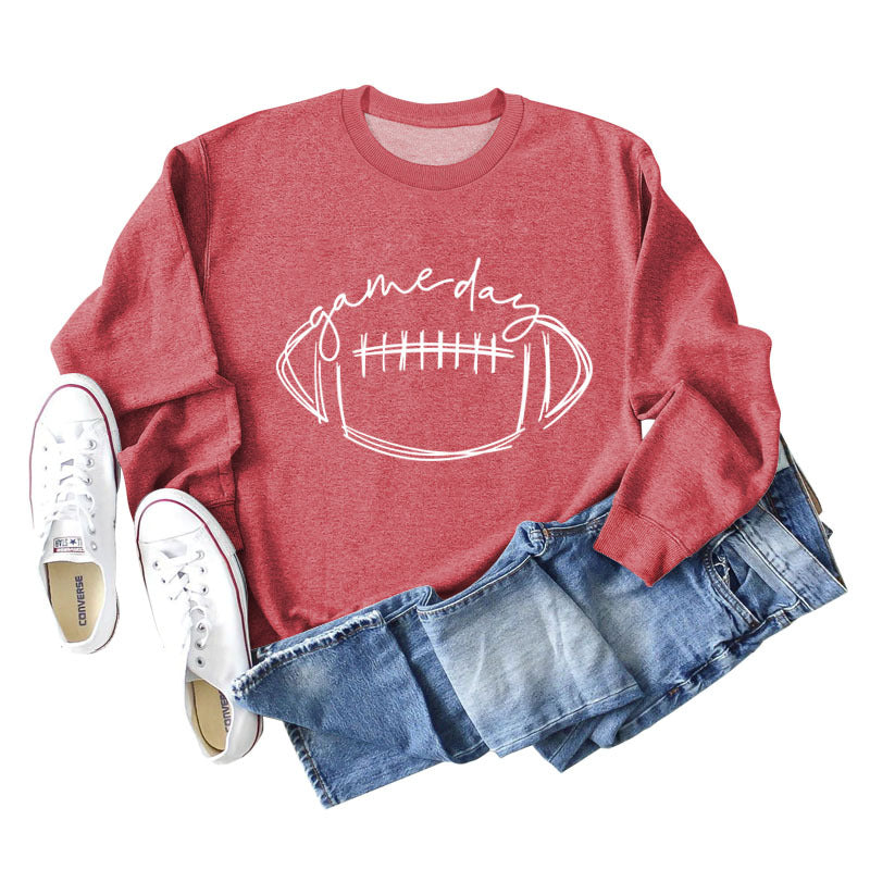 Game Day Rugby Letter-Printed Crew-Neck Fashion Long-Sleeved Hoodie With Base