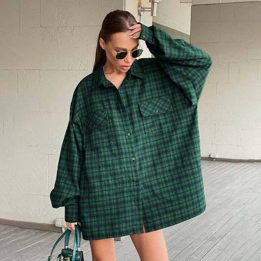 Women's Retro American Plaid Shirt Green Boyfriend Wind Long Loose Oversize Shirt