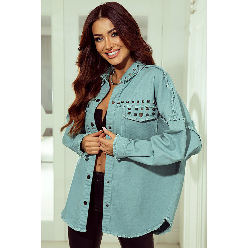 Autumn New Solid Color Denim Coat Female Personality Woolen Rivet Jacket Female