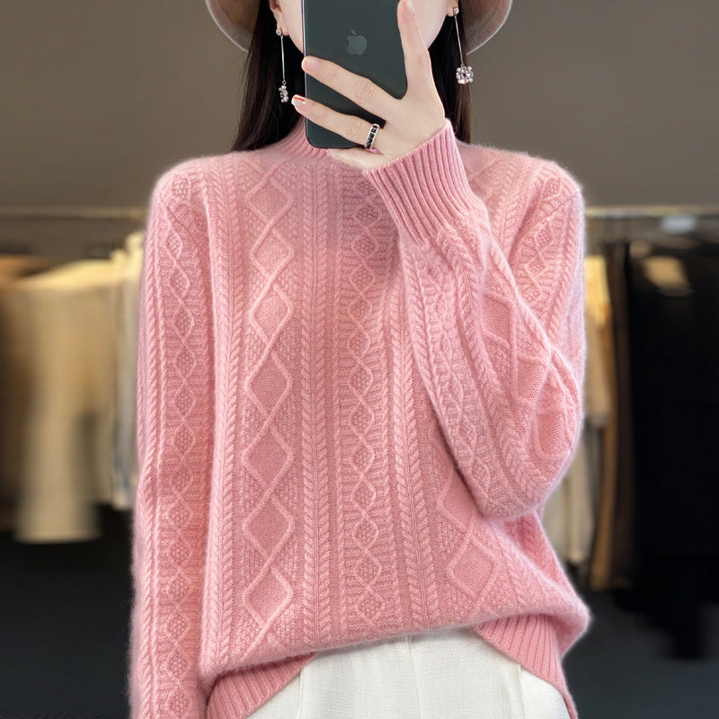 Autumn And Winter New 100% Woolen Sweater Women's Half Turtleneck Floral Thickened Sweater Set Cashmere Knitted Long-Sleeved Base Shirt