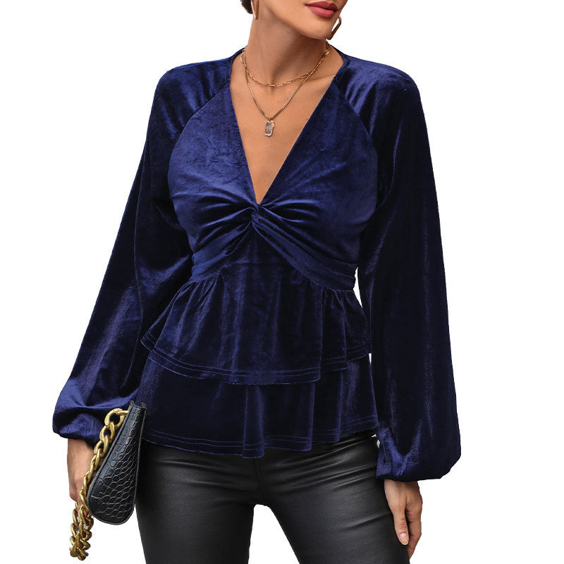 Autumn New Fashion Women's Solid Color V-Neck Velvet Top