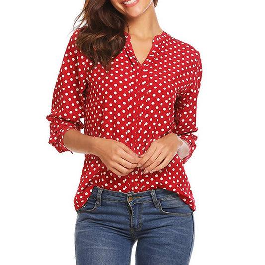 Large Size New Shirt Polka Dot Print V-Neck Long Sleeve Sleeve Loose Ladies Lining