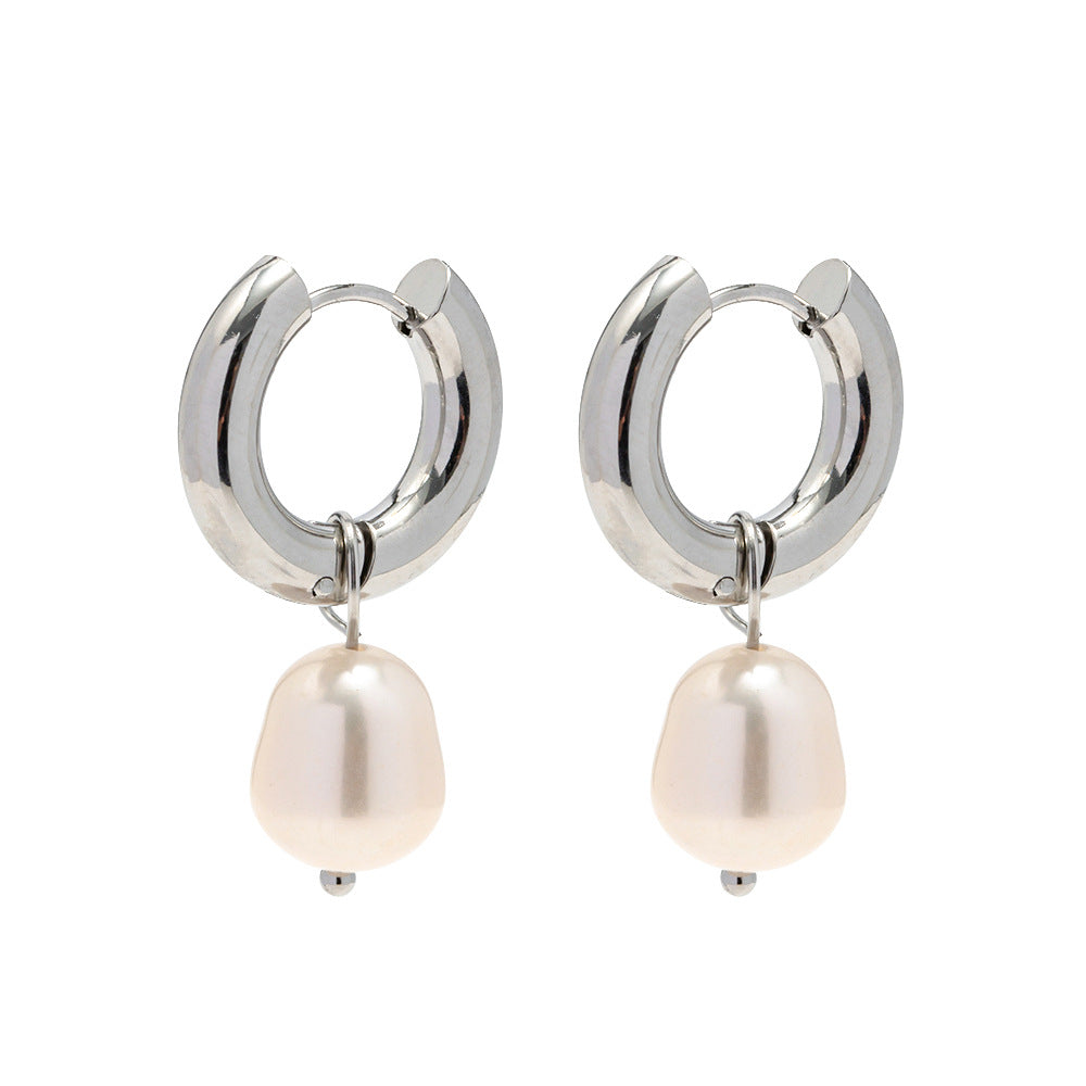 5pcs Stylish Steel Color Stainless Steel Earrings Natural Light Pearl Pendant Earrings For Women