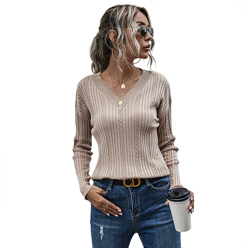 Autumn With A Solid Color Twist V-Neck Knitted Sentie Sweater Women Women's Wear