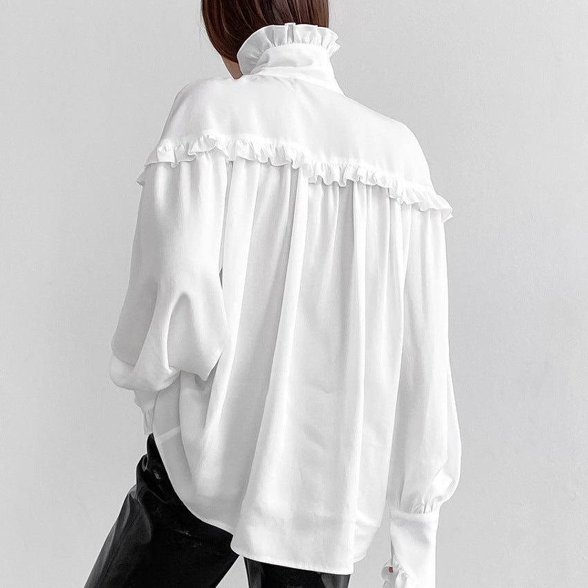 White Lapel Design Lace Chiffon Loose Temperament Shirt New Autumn Fashion Women