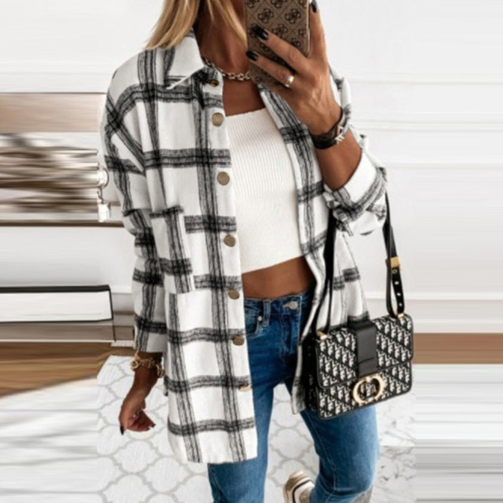 Casual Mid-Length Plaid Jacket Women's Loose Cardigan Lapel Shirt