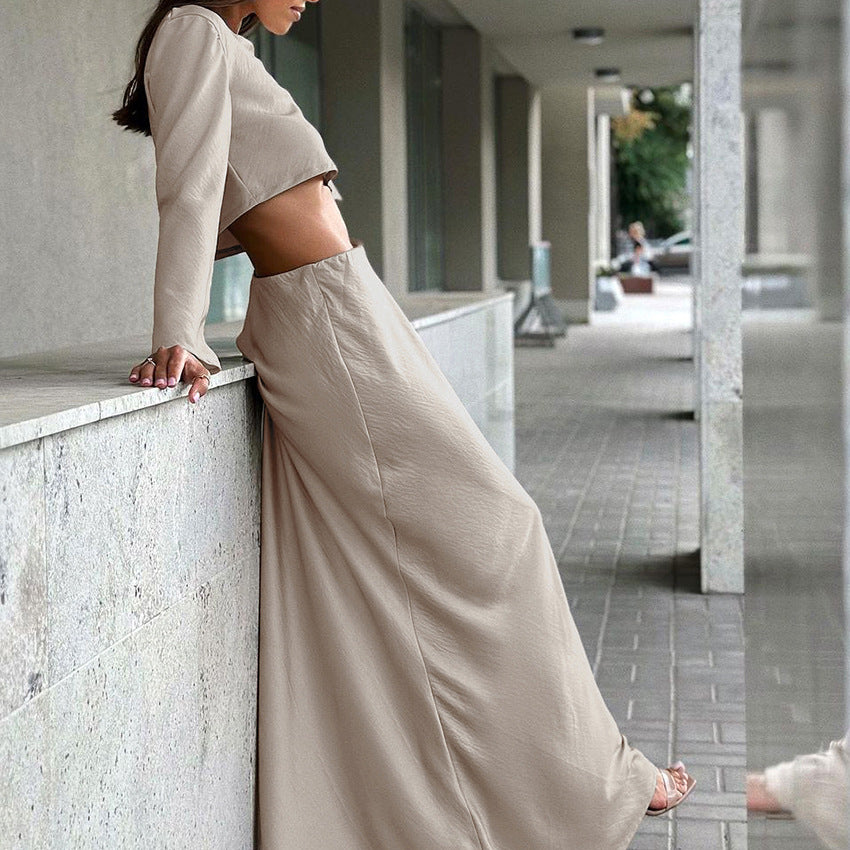 Sexy Crop Satin Color D Round Neck Top Long Skirt Suit New Spring Fashion Women's Wear