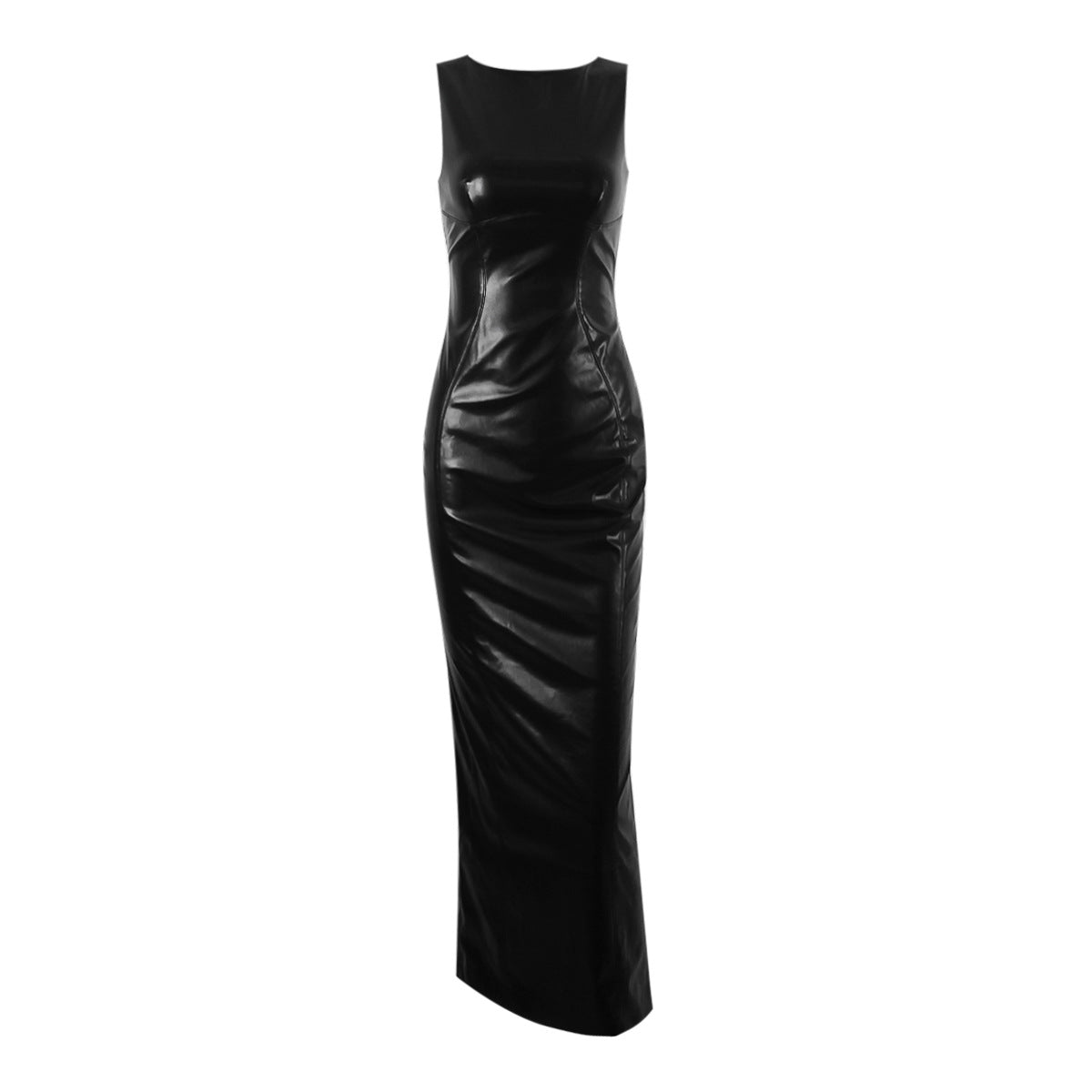 Sexy Women's High-End Pu Leather Tight Bag Hip Long Skirt Black Sleeveless Sundress Slit Dress Women