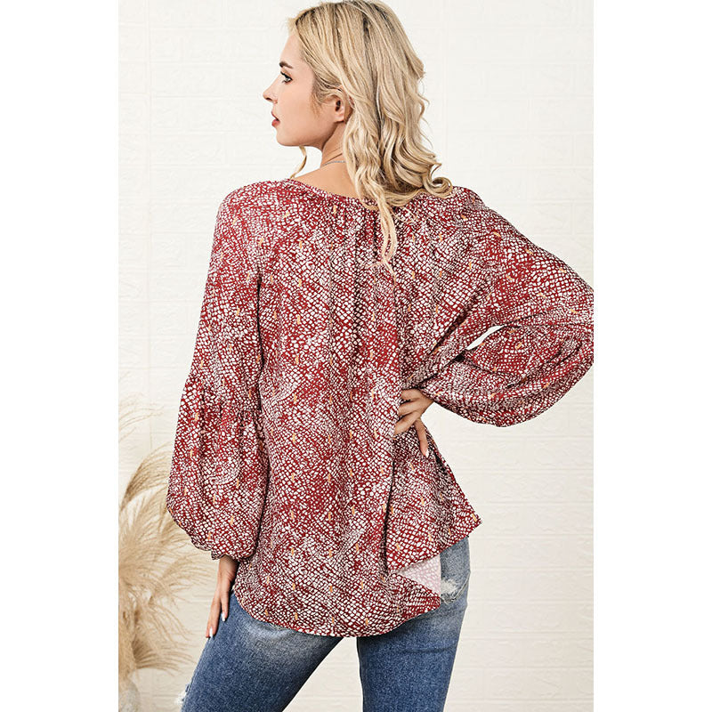 Autumn New Thin V-Neck Abstract Printed Chiffon Shirt Women Casual All-Match Long-Sleeved Pullover Woman