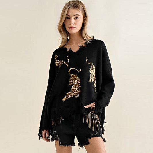 Autumn And Winter New Tiger Sequin Printed V-Neck Sweater For Women Casual Woolen Edge Design Pullover For Women