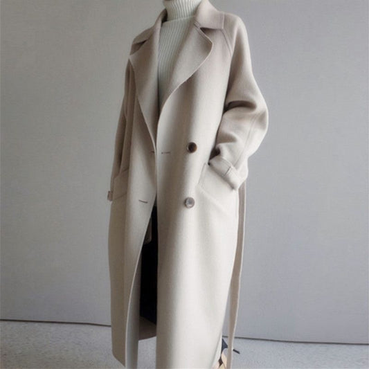 New Winter Medium Long Beige Woollen Waitmore Long Waisted Harajuku Over The Knee Woolen Coat