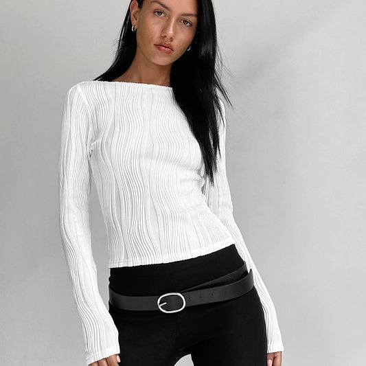 Knit Pleated Long-Sleeved T-Shirt Autumn And Winter New Slim-Fit With Women's Top Fashion Commute