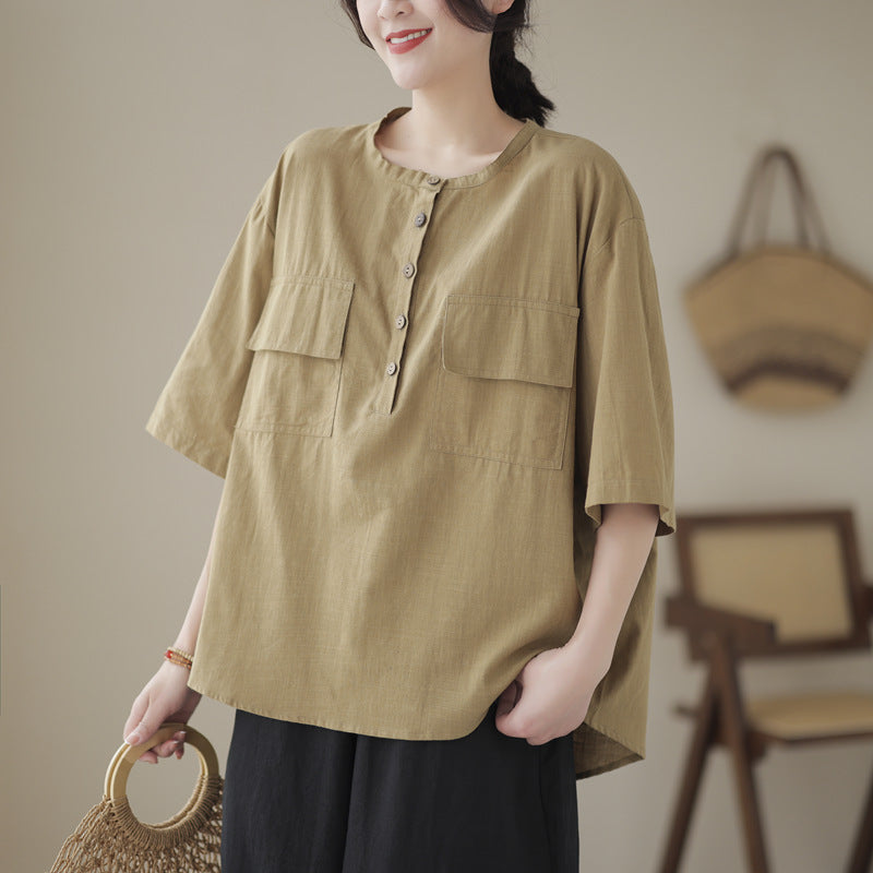 Linen Shirt Woman Summer Collar Large Size Loose Casual Shirt Short Sleeve Blouse Fat T-Shirt Woman