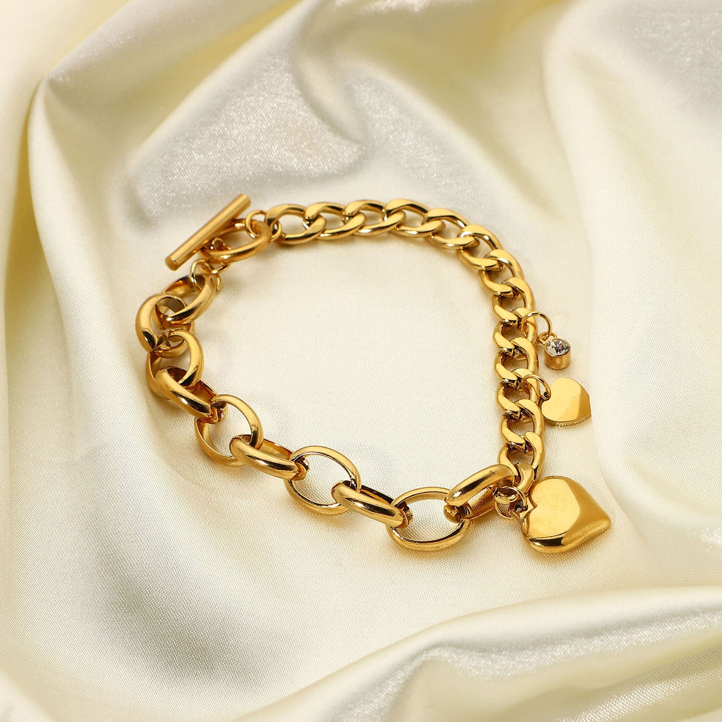 5pcs Cuban Chain Oval Chain Double Love Small Round Zirconium Pendant Ot Buckle Bracelet 18K Gold Plated Stainless Steel Bracelet