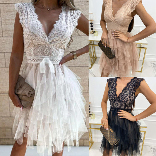 Spring And Summer New Sexy V-Neck Lace Patchwork Dress Casual Short-Sleeved Fashion Dress