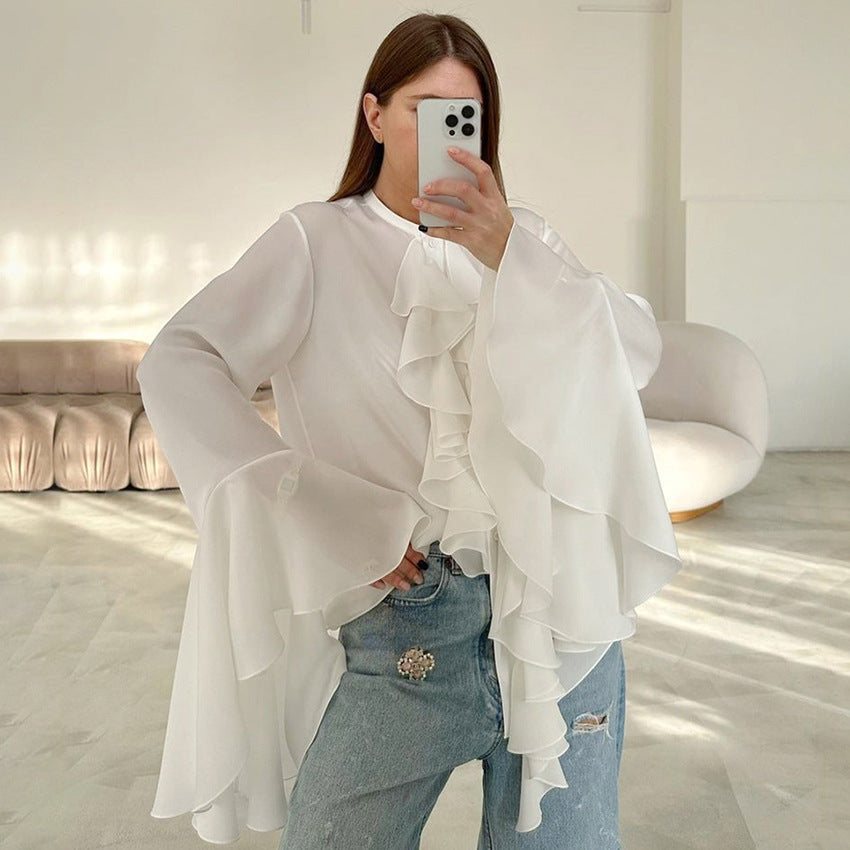 White Chiffon Design Sense Round Neck Flared Sleeve Ruffled Women's Shirt Spring And Summer New Fashion Women