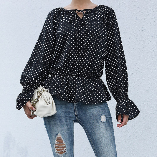 Fashion Women's Tie Black Polka Dot Long-Sleeved Shirt Women Spring And Autumn