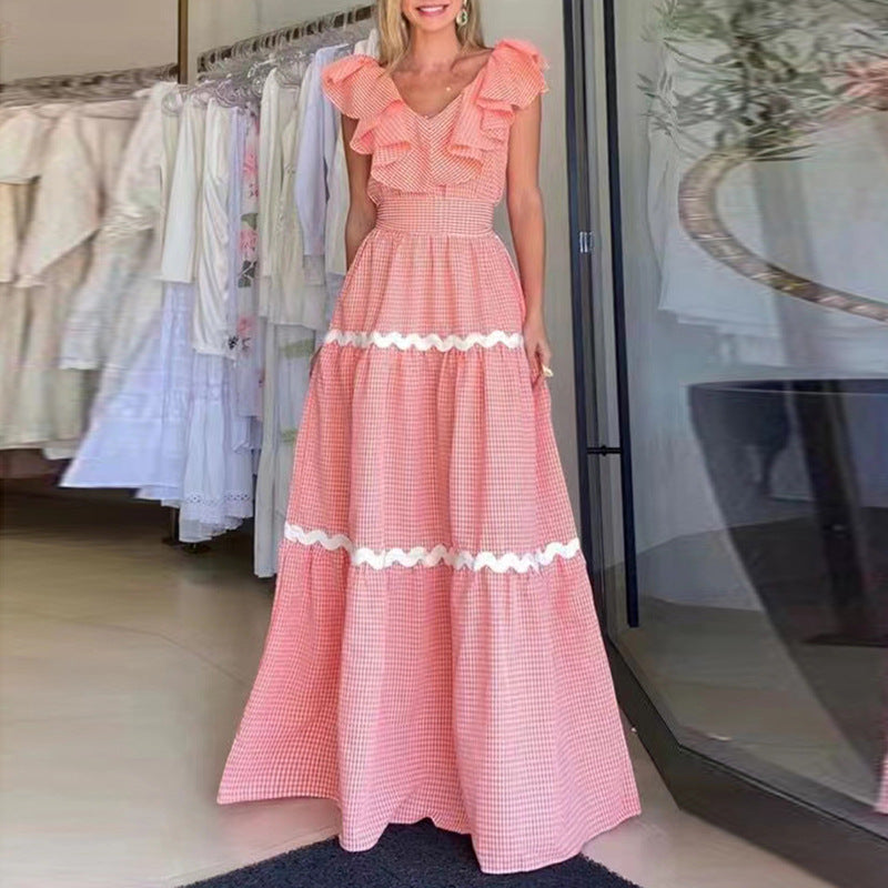 Fashion Early Spring New V-Neck Ruffled Check Splicing High Waist A Word Big Swing Temperament Long Dress Woman