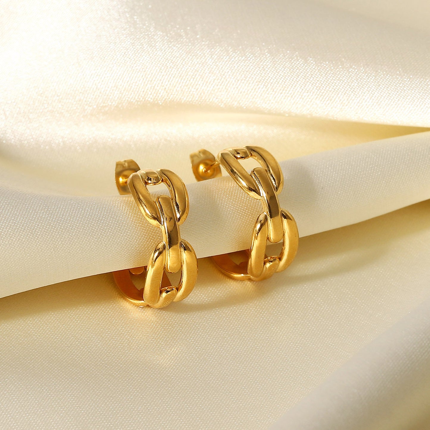 5pcs 18K Gold-Plated Stainless Steel Ring Earrings Titanium Steel Coffee Bean Buckle Chain C-Shaped Earrings