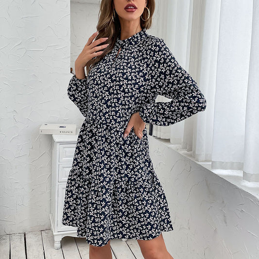 Autumn New Women's Crew-Neck Button Retro Floral Long-Sleeved Dress Short