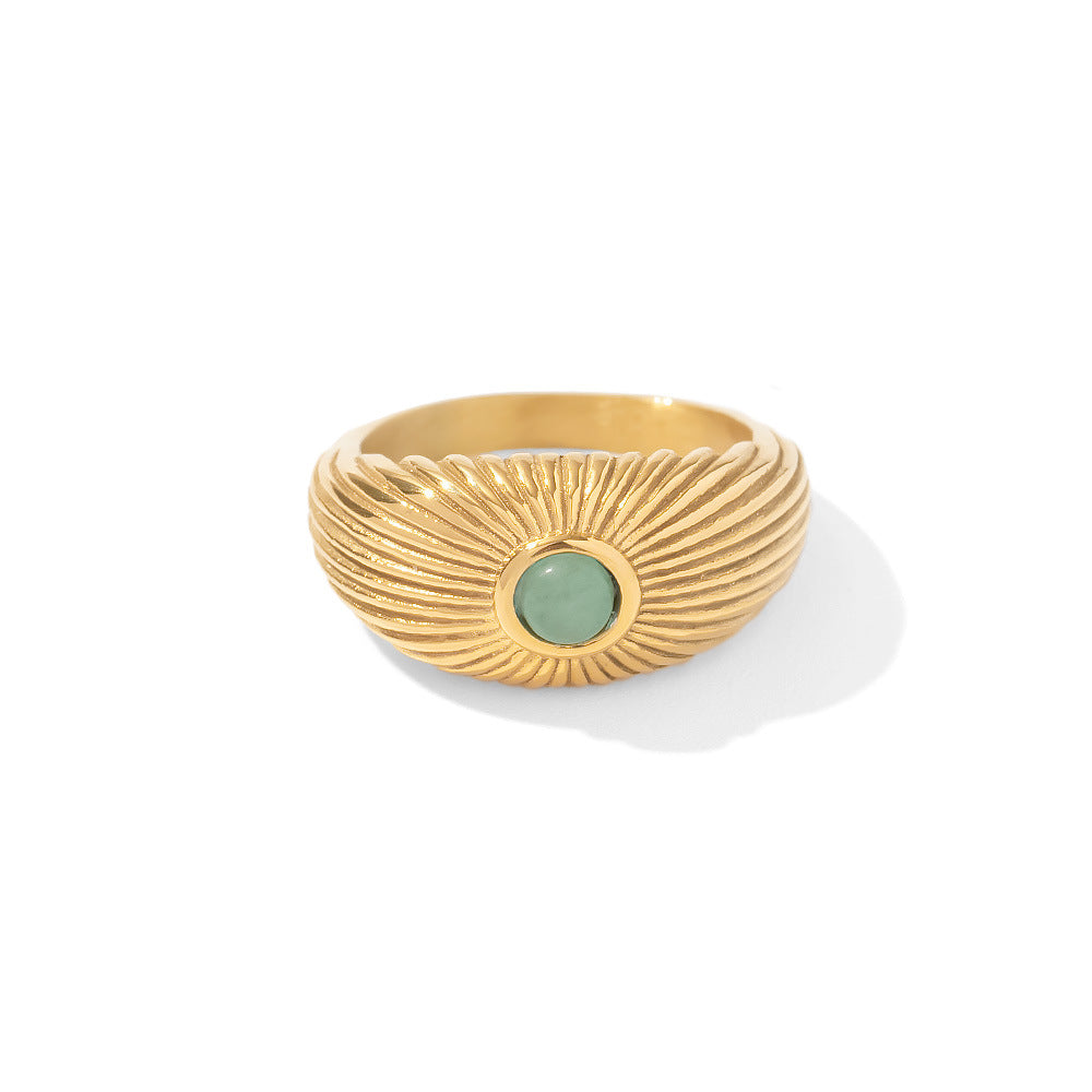 5pcs Same 18K Gold Plated Stainless Steel Natural Green Stone Sun Ring Punk Style Ring Woman