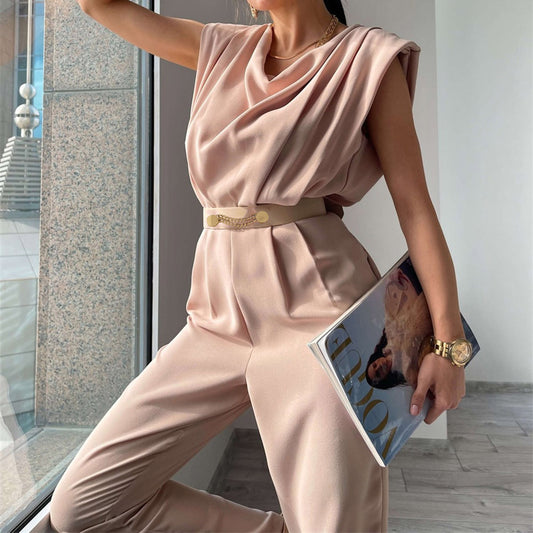 Summer New Fashion Commuter Jumpsuit Women's Crew Neck Shoulder Pad Sleeveless Waist Waist Rompers For Women