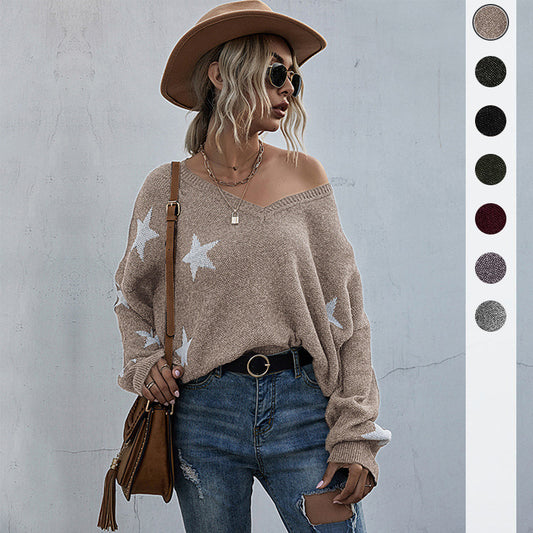 Women's Star Pattern V-Neck Fringe Knitted Sweater Autumn And Winter