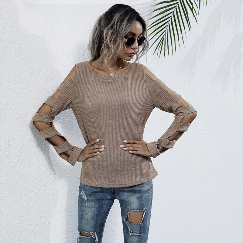 Autumn Off-Shoulder Slim-Fit Sweater Women Hollow Long-Sleeved Bottom Knit