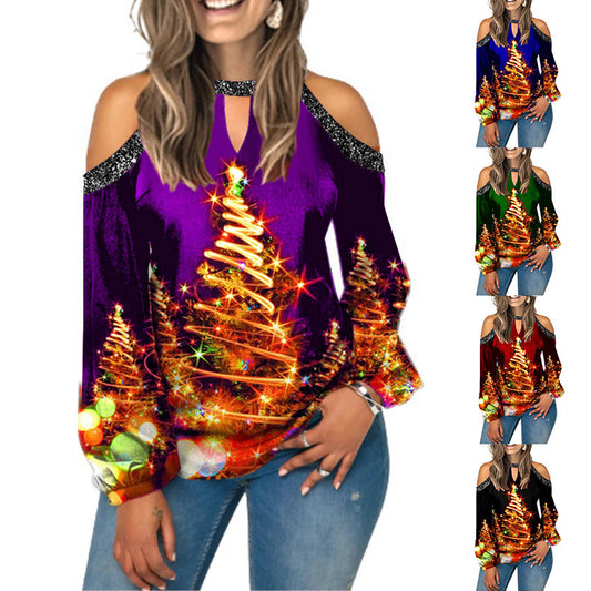 Christmas Moose Print Sexy Off-Shoulder Long Sleeve T-Shirt Lantern Sleeve Women's Wear